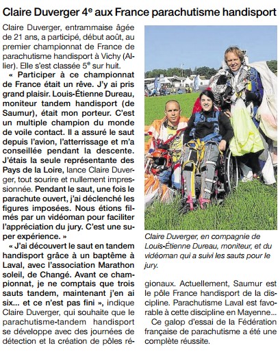 Ouest France-28-08-14- Claire Duverger 4ème aux France parachutisme handisport