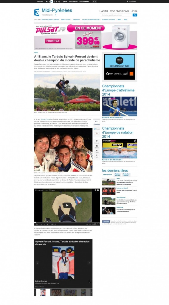 Midi-Pyrénées-30-08-14-A 18 ans, le tarbais Sylvain Ferroni devient double champion du monde de parachutisme