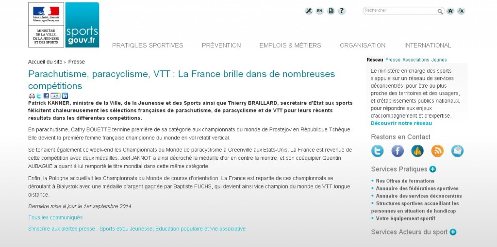 sports gouv.fr-01-09-14-Parachutisme, paracyclisme, VTT La France brille dans de nombreux domaines